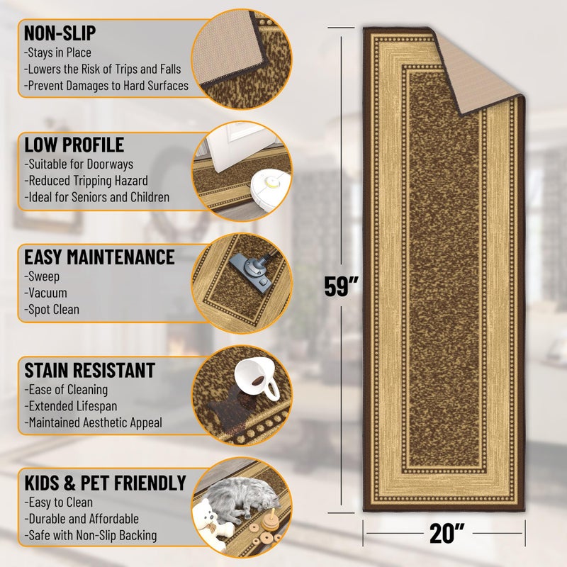 Ottomanson Hallway Runner Rug 20" x 59" Non Slip Border Area Rugs Easy to Clean Laundry Rug Runner Durable & Pet Friendly Floor Carpet Runners for Hallways Entryway Living Room Kitchen, Brown - Image 2